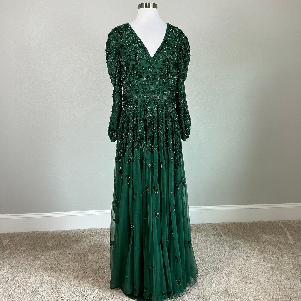 Mac Duggal 5497 Sequined Long Sleeve A-Line Gown Emerald Green Size 10 Dress - Picture 2 of 12